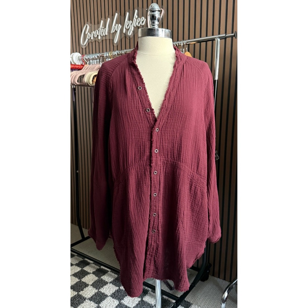 Free People We The Free Button Down Women Small Burgundy Summer Daydream Gauze